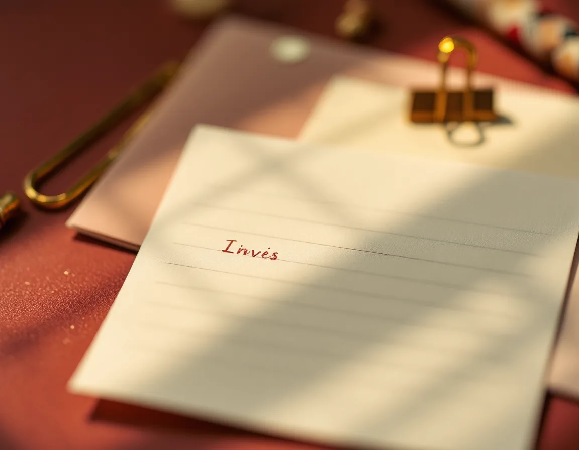 Cream index cards and ruled paper with a gold paperclip under warm light.