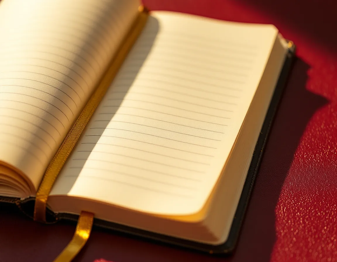 An open ruled ledger notebook with a gold ribbon against wine-red leather.
