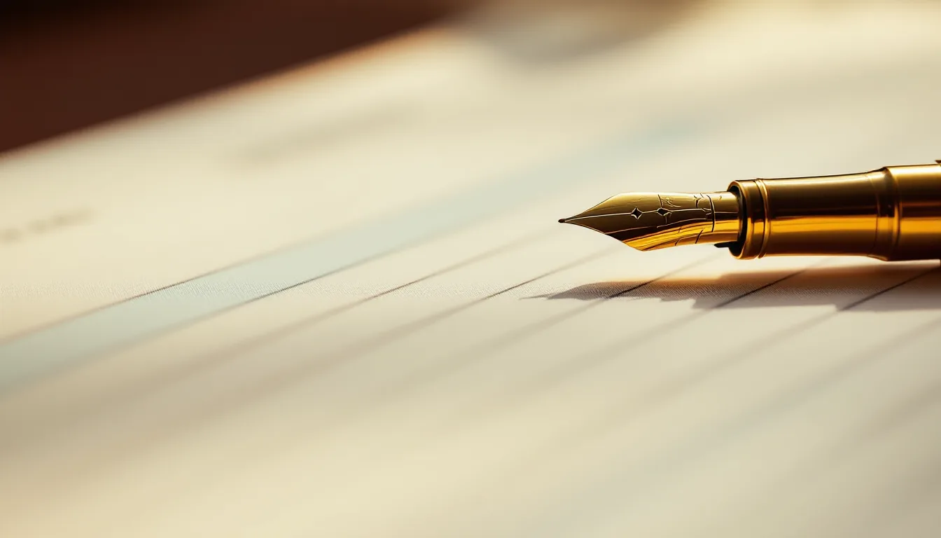 A fountain pen resting on ruled cream paper under warm gold light.
